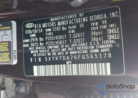 2015 Kia Sorento Lx V6 z USA, uszkodzony, nr VIN 5XYKTDA76FG565178